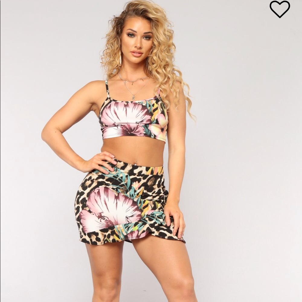 Floral/ leopard skirt and top set fashion nova